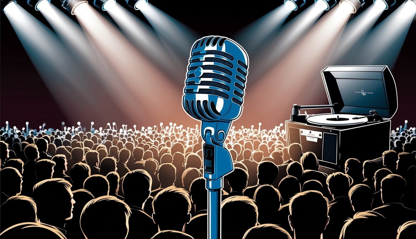 A microphone stands on stage amidst a crowd, with spotlights shining down and a vintage record player in the background