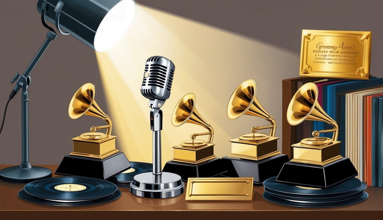 A spotlight shines on a collection of Grammy Awards and a microphone stand, surrounded by vintage records and a golden plaque