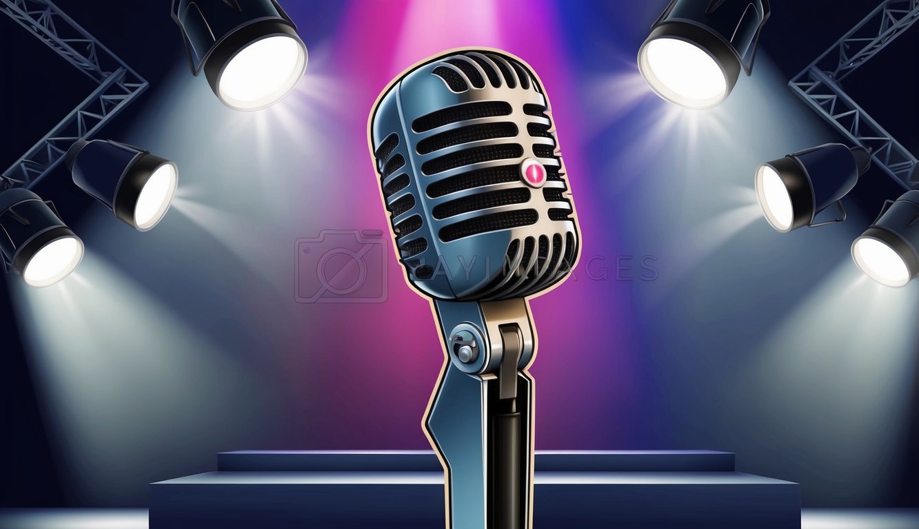 A microphone surrounded by spotlights on a stage