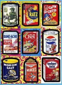 A collage of parody product labels with humorous names and illustrations
