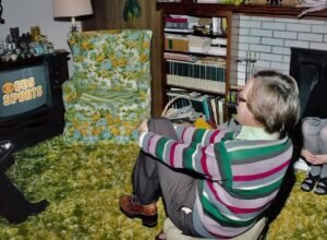 A person watches cbs sports on a vintage television in a retro-styled living room