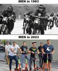 A split image comparing men on motorcycles in 1983 to men on scooters in 2023