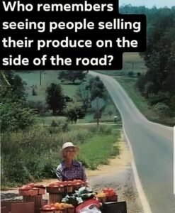 An elderly woman selling produce on the side of a rural road, with a long road