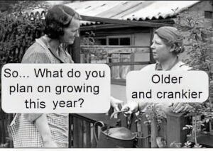 Black and white image of two women in a garden, with text bubbles