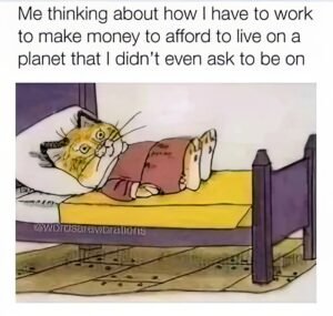 Cartoon cat in bed, contemplating life's financial burdens, with text overlay