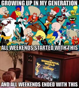 Image comparing cartoon characters and disney's wonderful world, representing weekend memories
